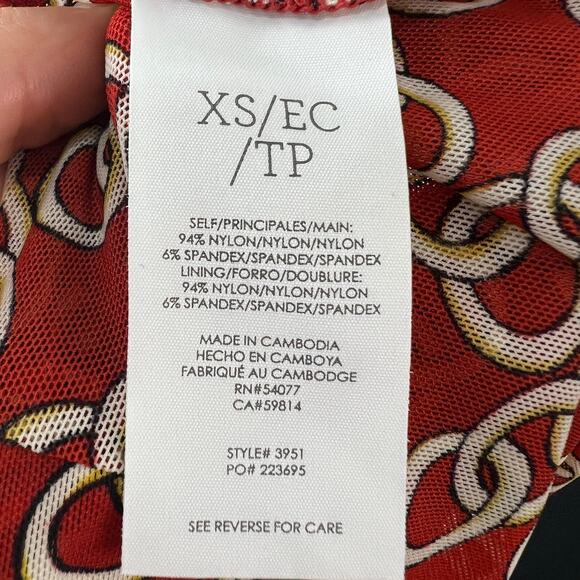 CABI Red White Top Stretch Signet Chain Ringleader Wrap Tie Plunge Neck Size XS - Picture 10 of 12